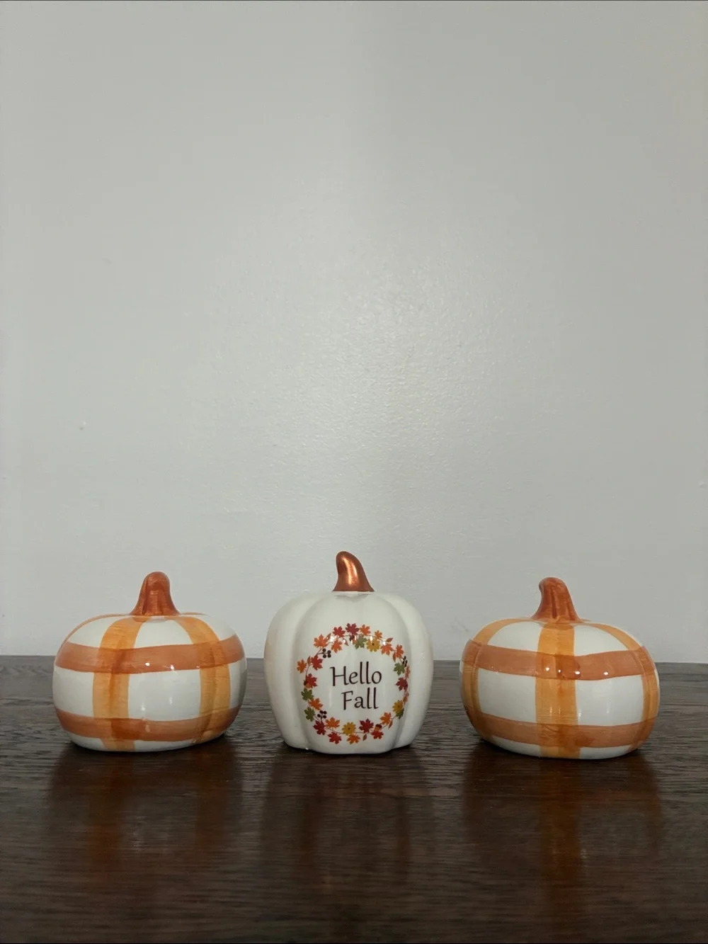 NWT- Hello Fall & Orange & White Striped Ceramic Pumpkins Trio